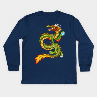 Colorful Cartoon Green Chinese Dragon Kids Long Sleeve T-Shirt